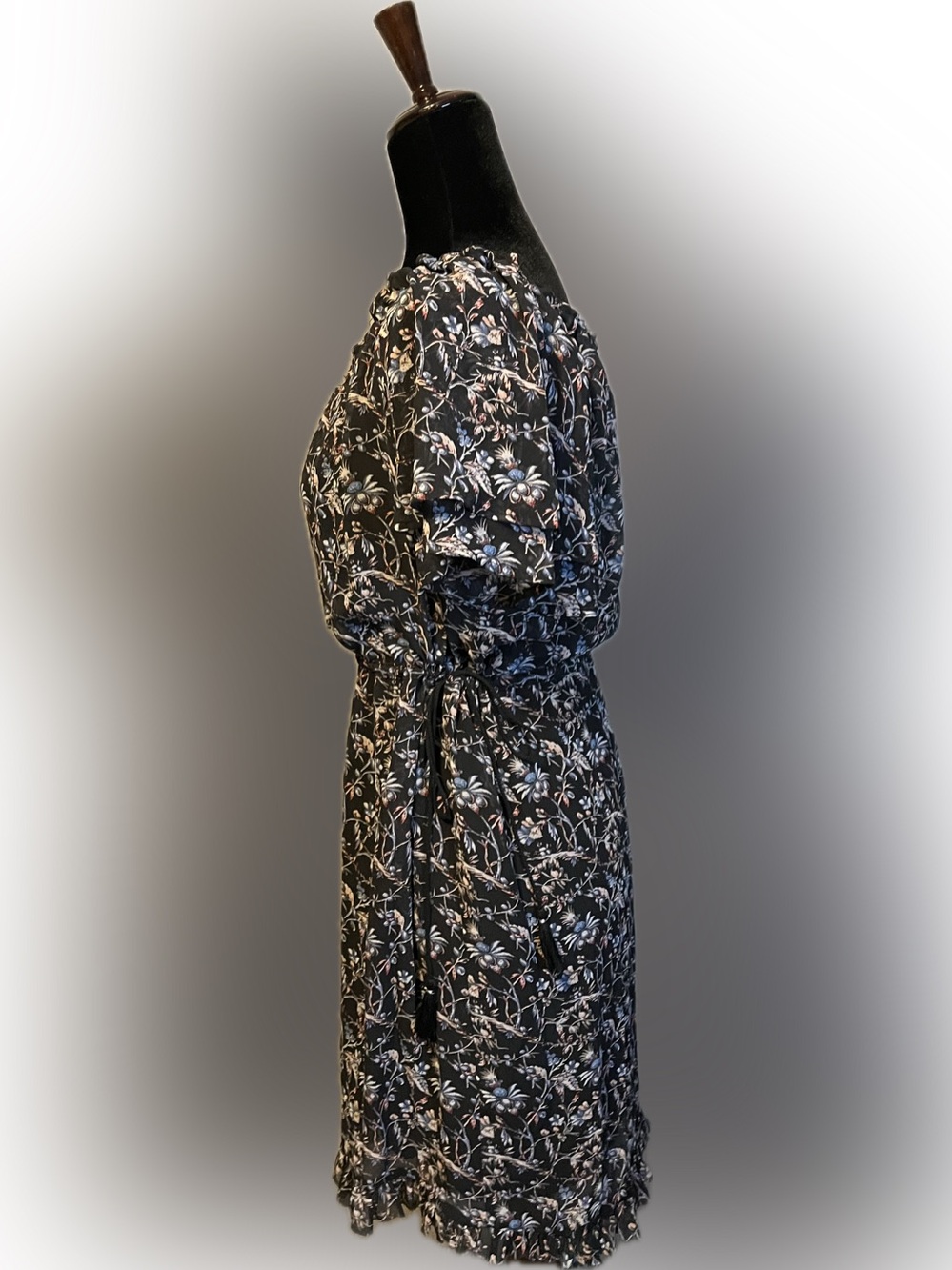 Beltaine Dark Floral Ruffle Tie-Waist Mini Dress size XS - Picture 4 of 11